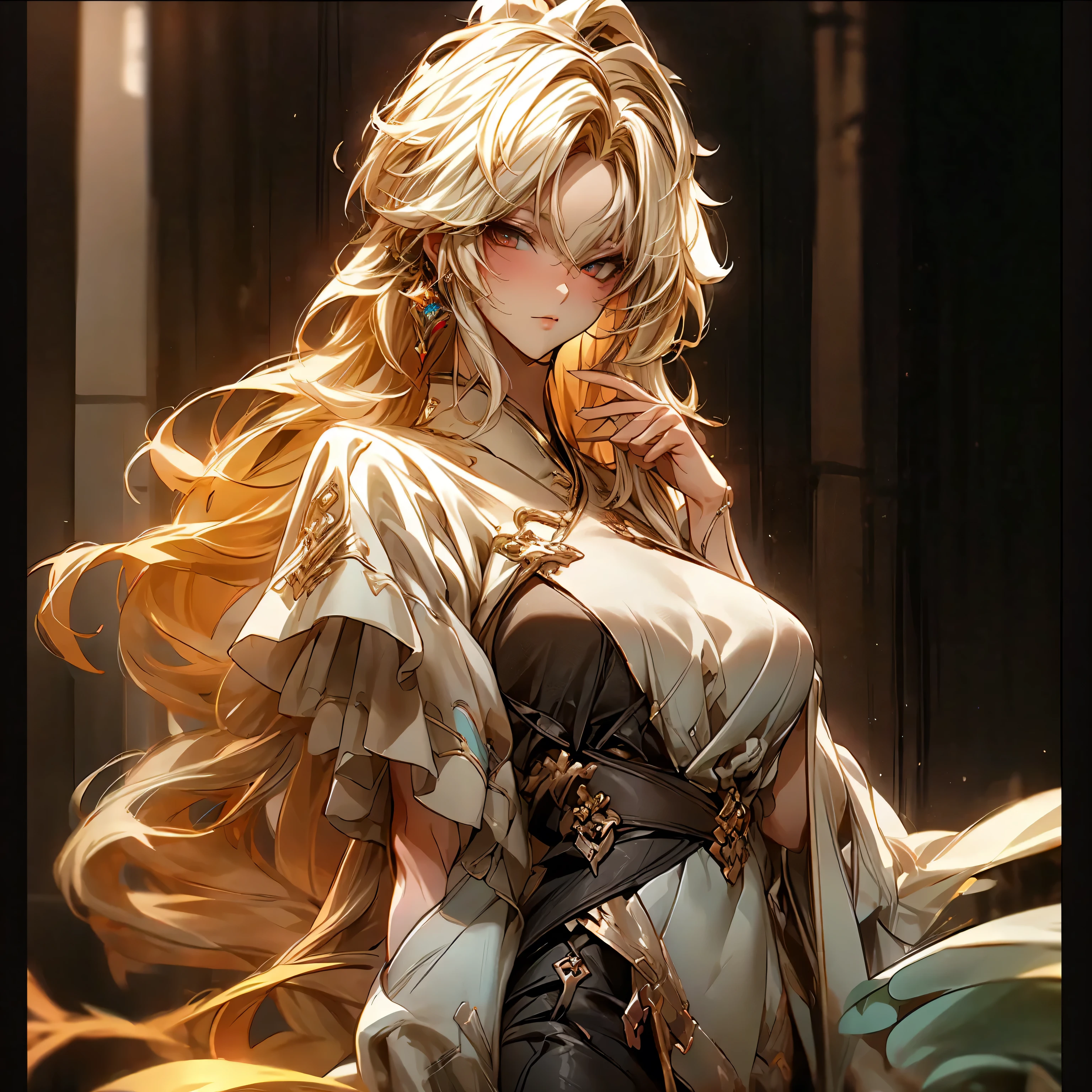 (best quality)), ((Masterpiece)), (details:1.4), 3d, HDR (high dynamic range), an image of a beautiful cyberpunk female, fantasy, Blonde hair, Long hair, Red eyes, จมูกโด่ง, ปากแดง, หน้าอกใหญ่, nvidia RTX, PBR surface, After processing, Anisotropic filtration,depth of field, Maximum clarity and clarity, multi-layered surface, Subsurface scattering, perfect proportions, 8K raw files, ultra detailed, Perfect proportions, volumetric lighting, soft lighting, Holy Paladin, Heavy black Armor, glossy skin, chapel background, jewely, ต่างหู, นิ้วมือสมบูรณ์,