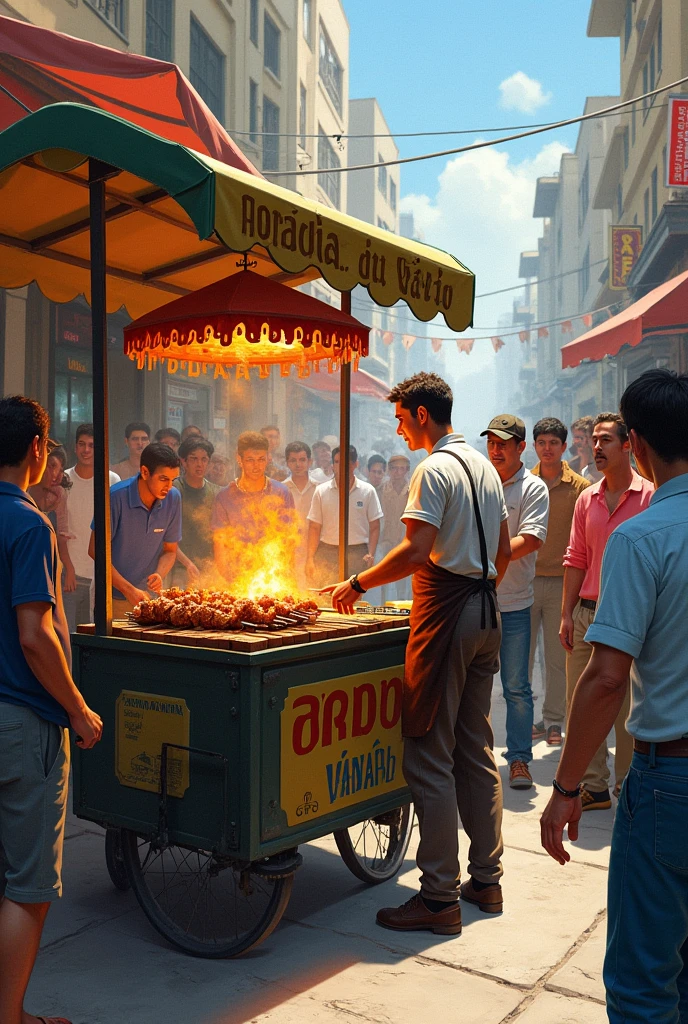 Drawing of a man grilling kebabs on his cart in the street. And people waiting for their skewers.