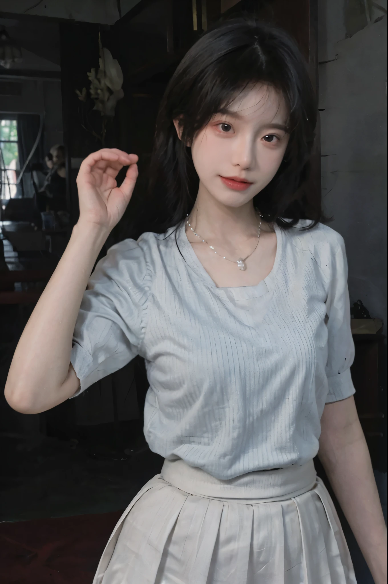 Best quality,Ultra-high resolution,(Realism:1.4),cute,cute发夹,girll,dress,Hip skirt,Look directly at the audience,Full of atmosphere,Beautiful woman with a slim figure:1.4,Temple of Light,whole body,Super delicate face,Exquisite eyes,Double eyelids,necklace