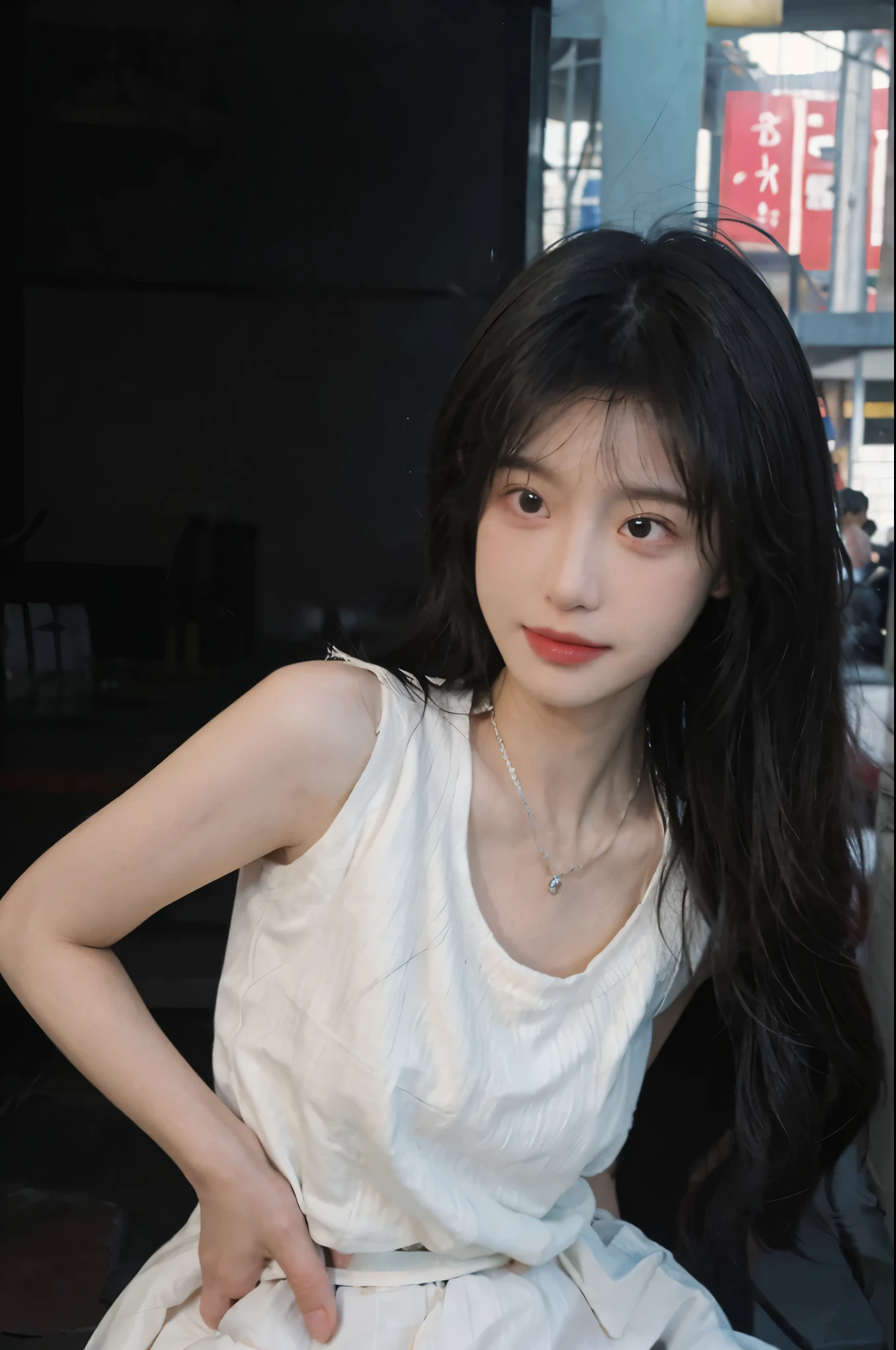 Best quality，Ultra-high resolution,(Realism:1.4)，cute，cute发夹，girll,dress，Hip skirt，Look directly at the audience，Full of atmosphere，Beautiful woman with a slim figure:1.4，Temple of Light，whole body，Super delicate face，Exquisite eyes，Double eyelids，necklace