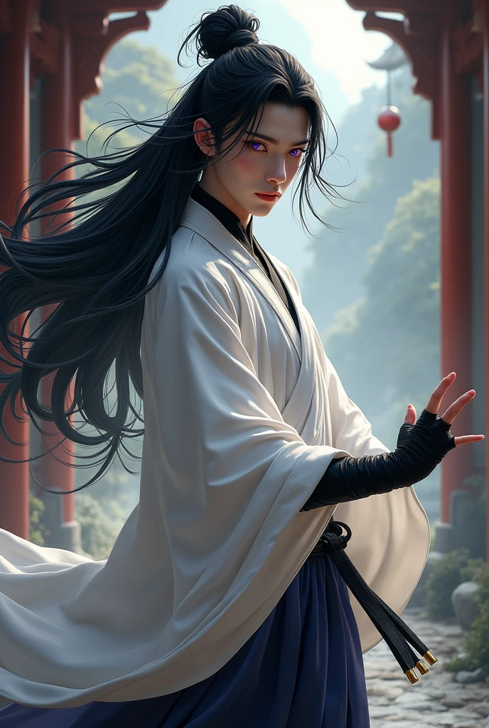 Martial arts world, long black hair, purple eyes, white skin, handsome man, Orientalism, Oriental style clothes, neat and clean