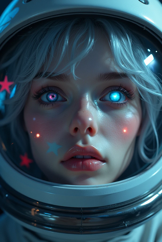 (Close-up of a better masterpiece:1.5)0.9], (Space and astronauts:1.2) (Messy silver hair:1.1) (Heterochromia xanthochromia and blue eyes:1.2) (Space Helmet:1.0) (Colored stars in the eyes:1.0) (A radiant glow:1.1) (thick lips:0.9)