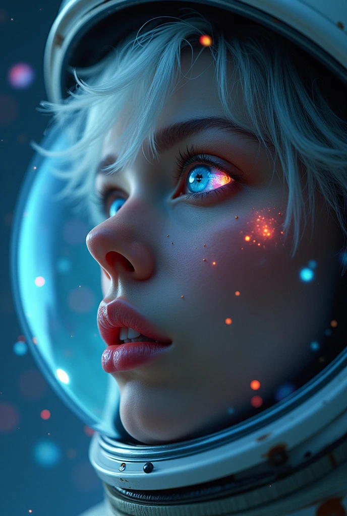 (Close-up of a better masterpiece:1.5)0.9], (Space and astronauts:1.2) (Messy silver hair:1.1) (Heterochromia xanthochromia and blue eyes:1.2) (Space Helmet:1.0) (Colored stars in the eyes:1.0) (A radiant glow:1.1) (thick lips:0.9)