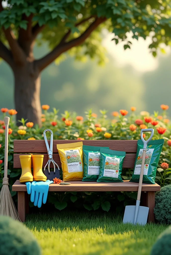There are 3 packets of fertilizer and a pair of yellow garden rubber shoes and silver flower tree cutting scissors and a pair of blue rubber gloves on a wooden bench under a big tree, there is a broom and also a grass scraper leaning on the edge of the bench, 3D Style with the background of a flower garden