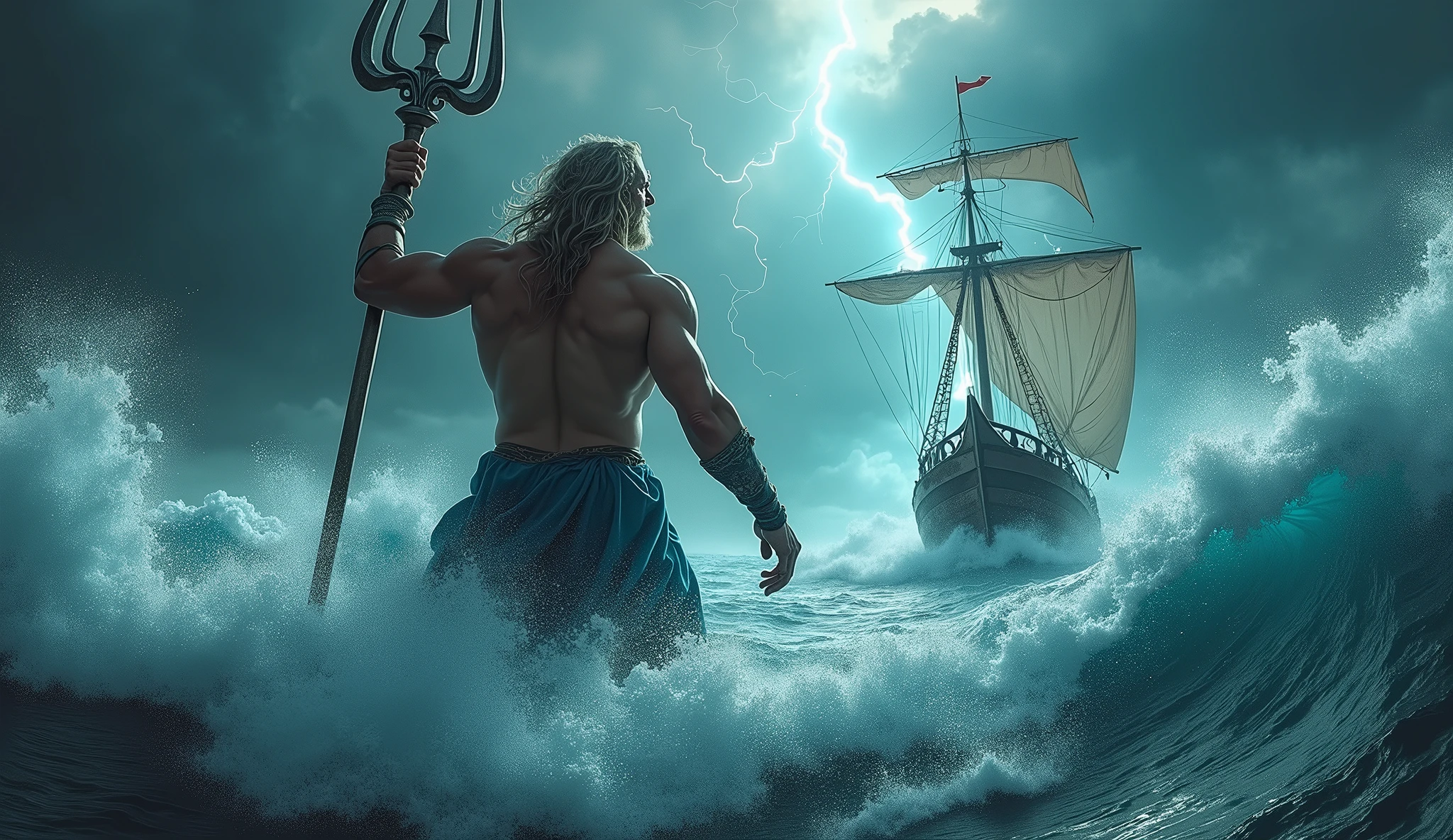 (Cinematic epic style photo:1.5) of Poseidon, the Greek god of the sea, towering above a stormy ocean, his muscular form commanding the crashing waves as he unleashes a powerful storm, his trident raised high. A merchant ship is caught in the chaos, swirling in the massive waves, its sails torn and the crew struggling to hold on. (Wide shot framing:1.3), set against a dark, tempestuous sky with flashes of lightning illuminating the scene, (shot from a dramatic low angle:1.4), on a RED digital cinema camera, (in the style of classical mythology paintings:1.4)