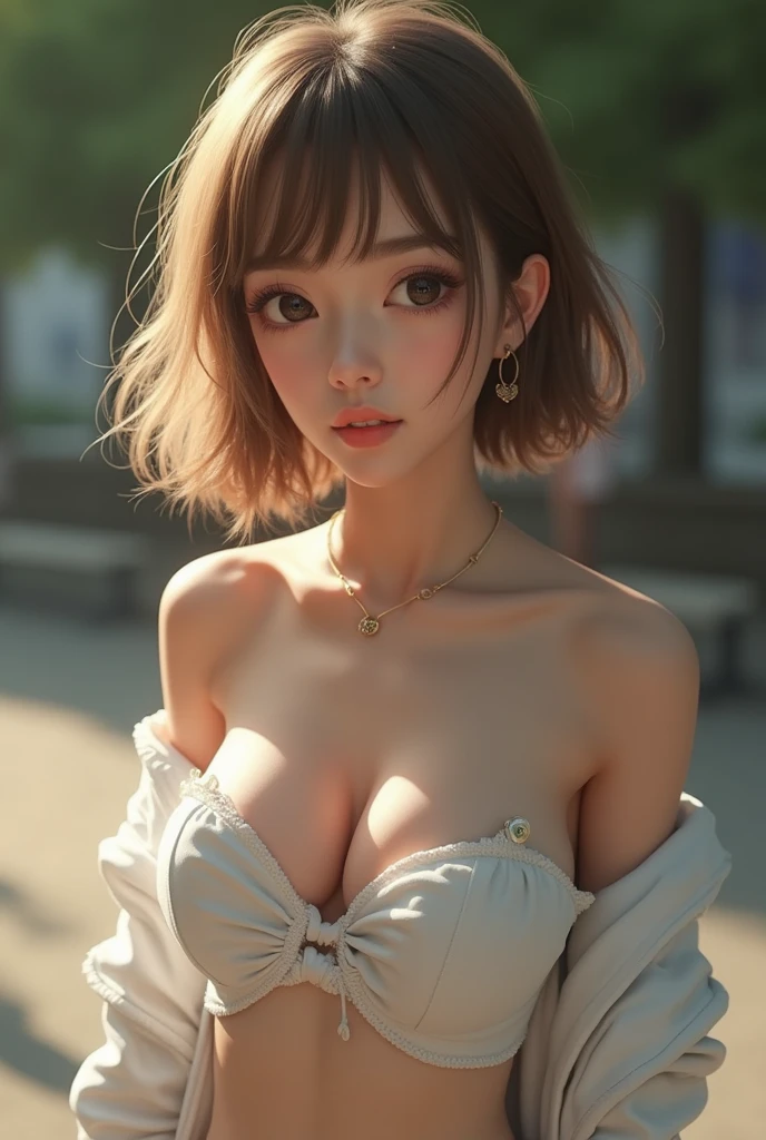 Realistic photos、Pay attention to the face of the cute idol high school girl、Written boundary depth, Genuine, Realistic, Very detailed, beautiful, thin, cute, 30th generation, beautiful features, actress, mature, Large Breasts,Light brown hair, thin髪, Small face, Live Action, Highest quality, Very detailedな CG Unity 8k 壁紙, Ultra-high resolution, Lighting, Medium Hair, (Puffy eyes), model diagram, Add light to your hair, Rotation Pose, Ash brown hair, Model pose, Photographed at the association, Delicate skin types, Light wavy hair that is close to straight hair, Please place your hands around your mouth, Hair model photoshoot, Hair blowing in the wind, Transparent Hair, thin髪の細さ, Soft Hair, Fine skin, Bright photo, Less hair, professional Lighting, Realistic light, Realistic shadow, Natural light, Soft Light, Beige Hair,nsfw、NUDE、pussy focus、full body、seductive smile、1girl、(( t-shirt lift))、((((bottomlesiddle hair))、(((small breasts)))、(((squatting)))、[indian style]、[[[[stand]]]]、((arms behind head))、(((Nipples are visible)))、Completely naked、Nipples and pussy are visible、Blonde short hair、１８age、beautiful girl、Masterpiece、Detailed fingers、(((A deserted park at night)))、Wearing a white long coat、Rope Bondage, breasts Rope Bondage, hands back Rope Bondage, leg Rope Bondage, thigh Rope Bondage, bust Rope Bondage, feet Rope Bondage, Put your arms behind your hips