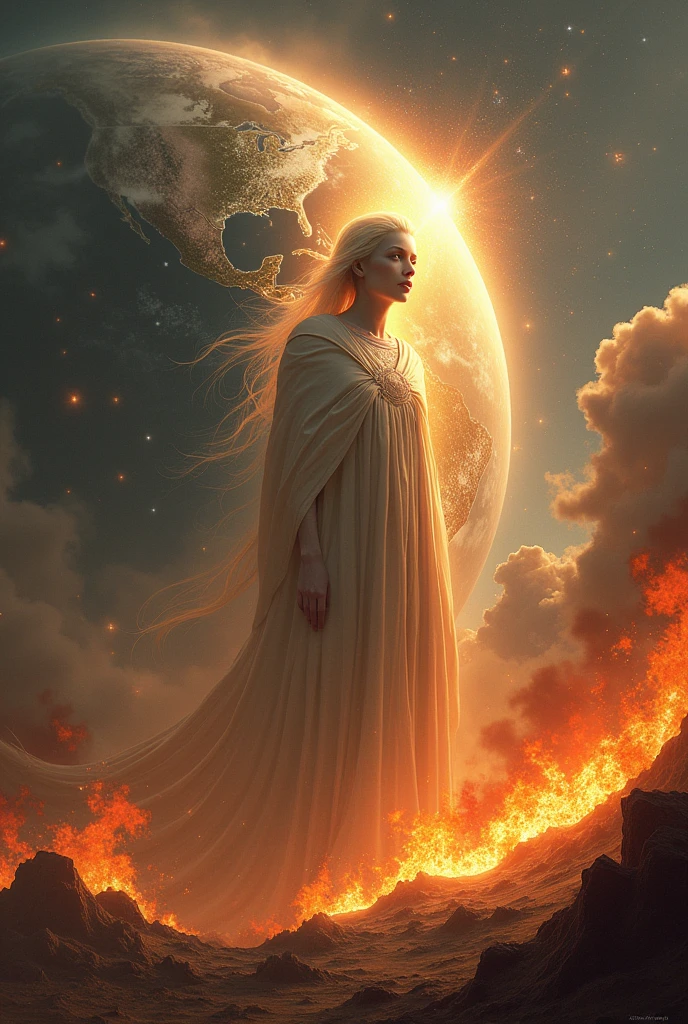 Ashtar Sheran with planet earth on fire next to it