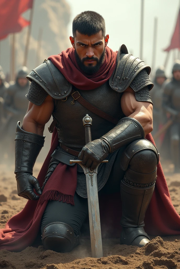 A brave male warrior, well built body, round face, he has no beard or moustache, and he is kneeling on the ground of the battlefield with his long sword stuck in the ground.