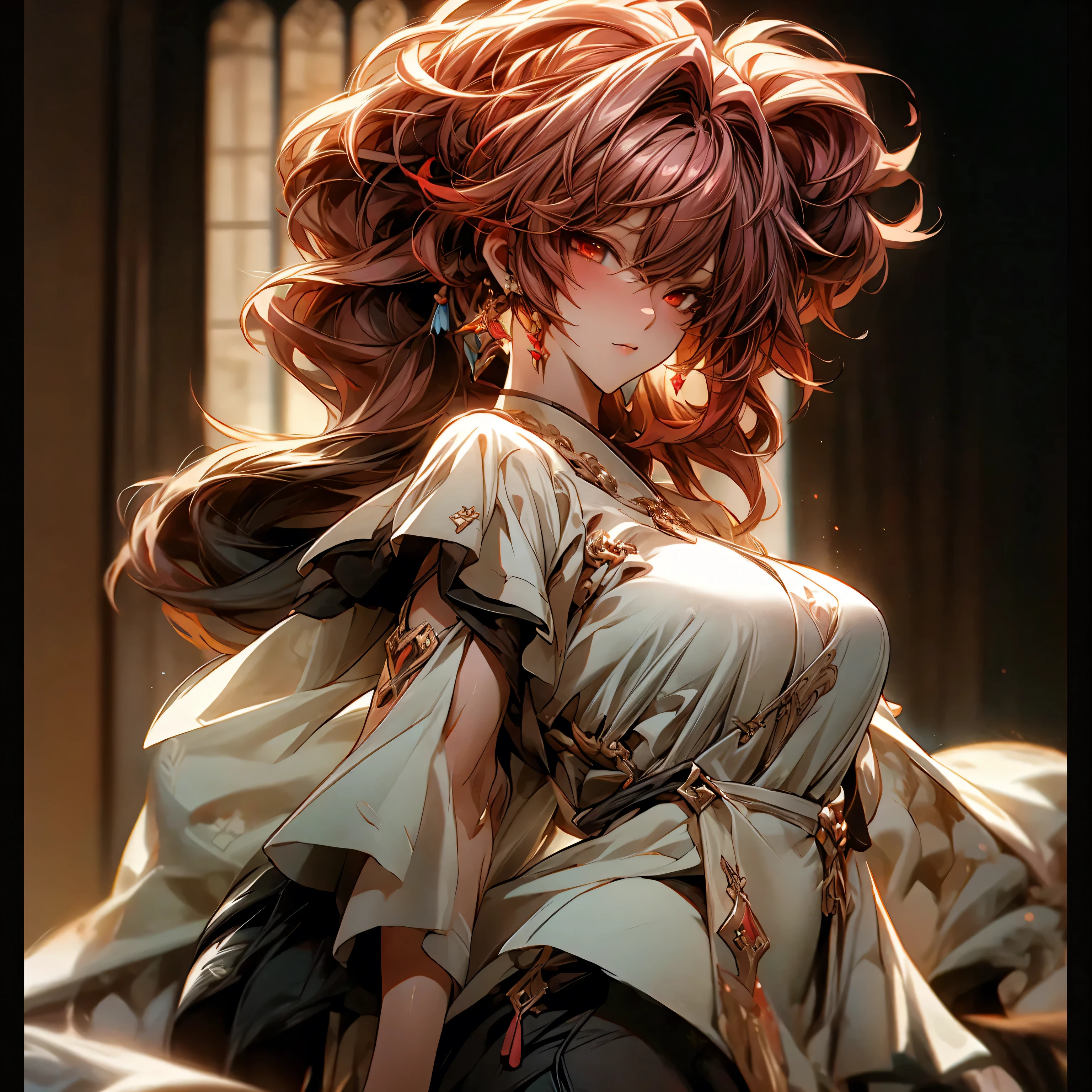 (best quality)), ((Masterpiece)), (details:1.4), 3d, HDR (high dynamic range), an image of a beautiful cyberpunk female, fantasy, Red hair, High ponytail, Red eyes, จมูกโด่ง, ปากแดง, หน้าอกใหญ่, nvidia RTX, PBR surface, After processing, Anisotropic filtration,depth of field, Maximum clarity and clarity, multi-layered surface, Subsurface scattering, perfect proportions, 8K raw files, ultra detailed, Perfect proportions, volumetric lighting, soft lighting, Holy Paladin, Heavy black Armor, glossy skin, chapel background, jewely, ต่างหู, นิ้วมือสมบูรณ์,