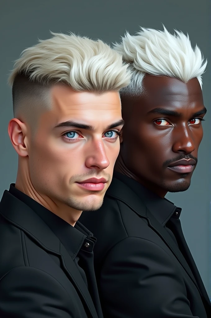 Change hair style of the black guy to short hair style, undercut. Do not make the image distorted, just modify hair. Make blue eyes for white hair guy, red eyes for black guy