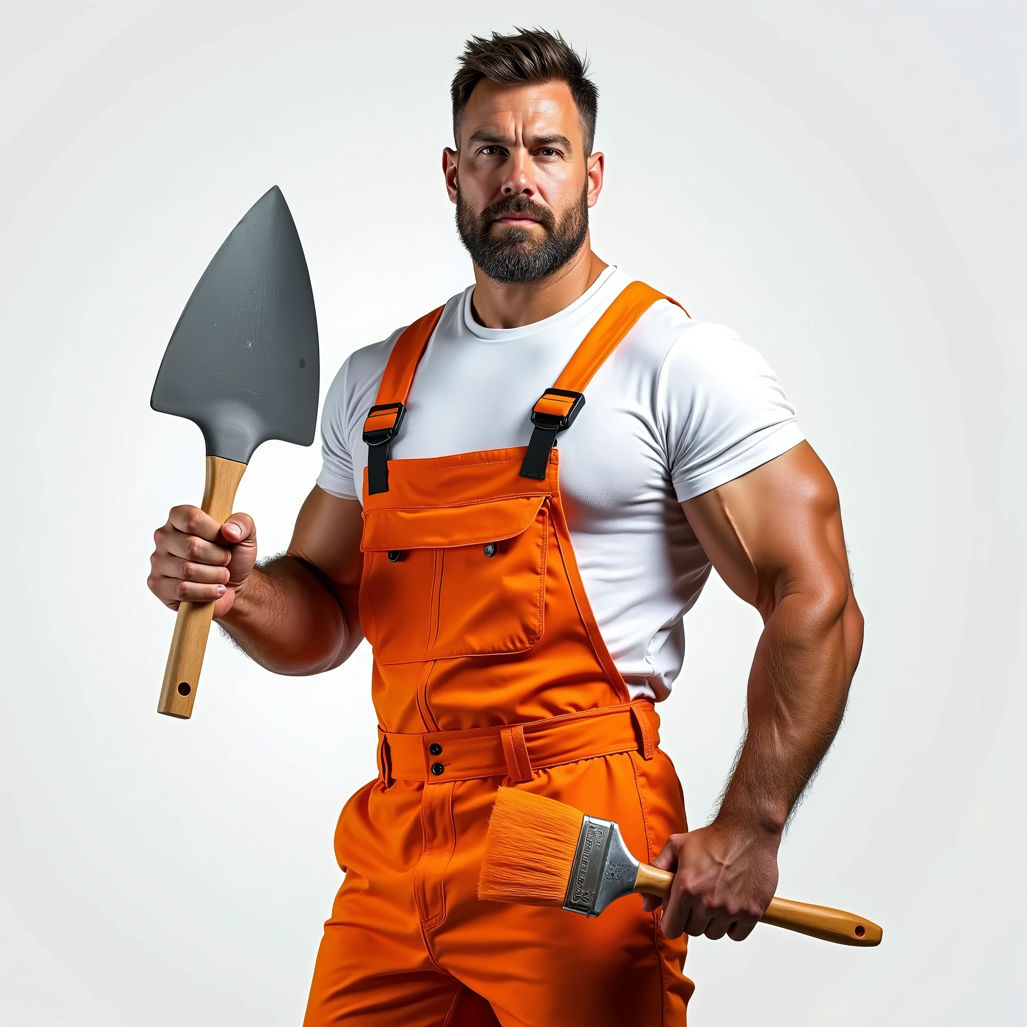 Strong Man of European appearance in a white T-shirt and orange construction overalls, holds a triangular construction spatula in one hand, in the other hand is an orange paintbrush, Studio Photography, studio lighting, realistic skin texture and detail, the man stands slightly sideways, background white uniform, The photo was taken from the waist up
