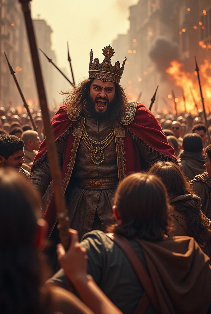 An intense crowd overthrowing royal figures, dramatic action, detailed facial expressions, ultra HD.
