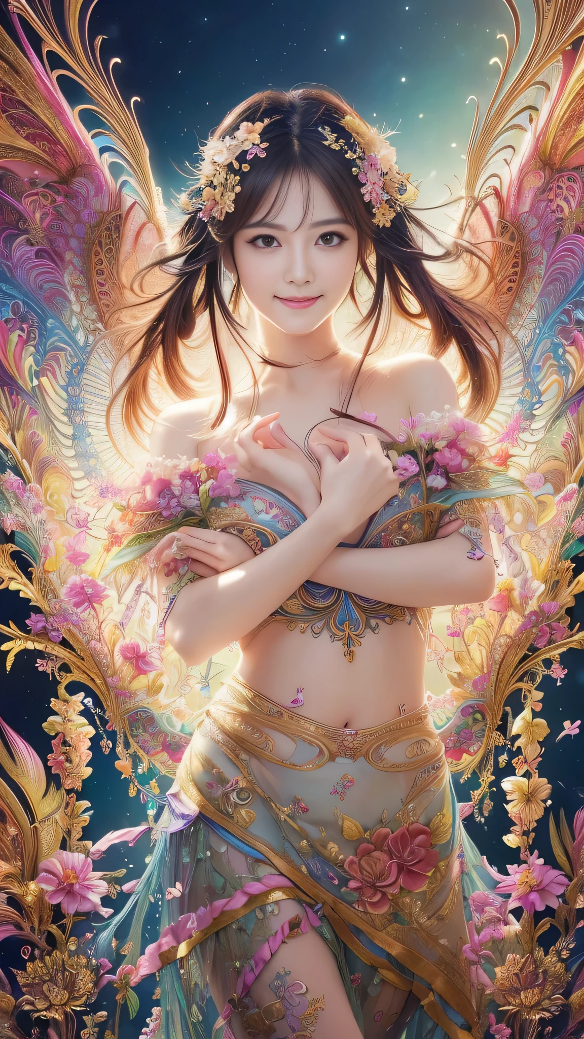 (masterpiece、highest quality、highest quality、official art、beautiful beautiful:1.2)、(1 girl)、very detailed、(fractal art:1.3)、Colorful、most detailed,(Pose with movement:1.4)、Details Beautiful and delicate face、Beautiful details and delicate eyes、extremely fine-grained clarity, (symmetrical eyes:1.3),((natural smile)),Floral,feather