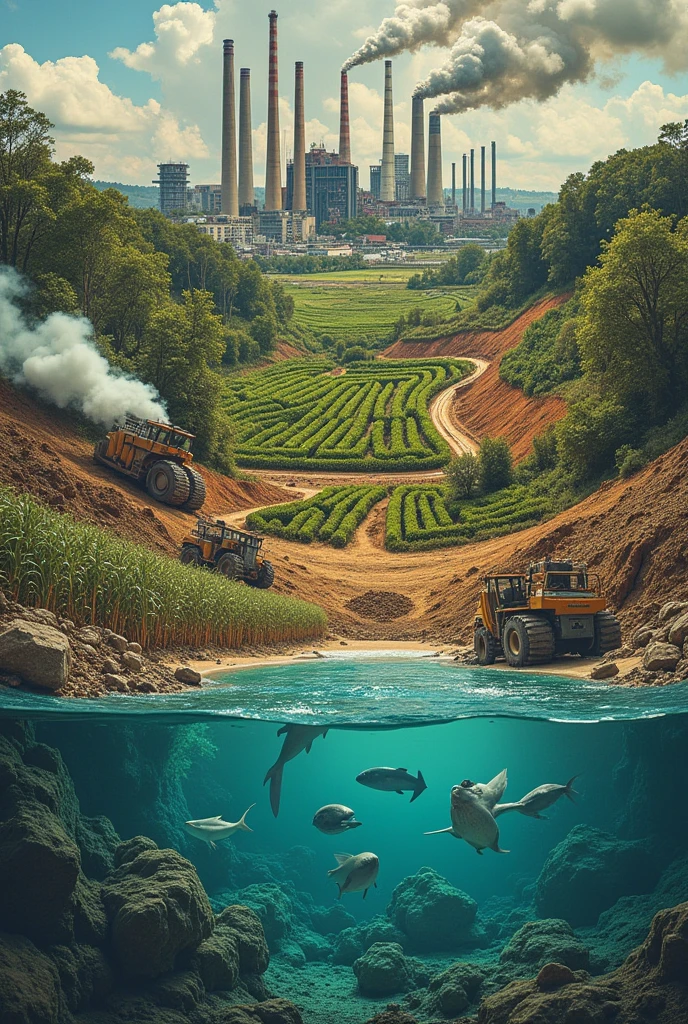 a collage showing various elements: factories emitting gases, forests being cut down, agricultural crops and an affected ocean.