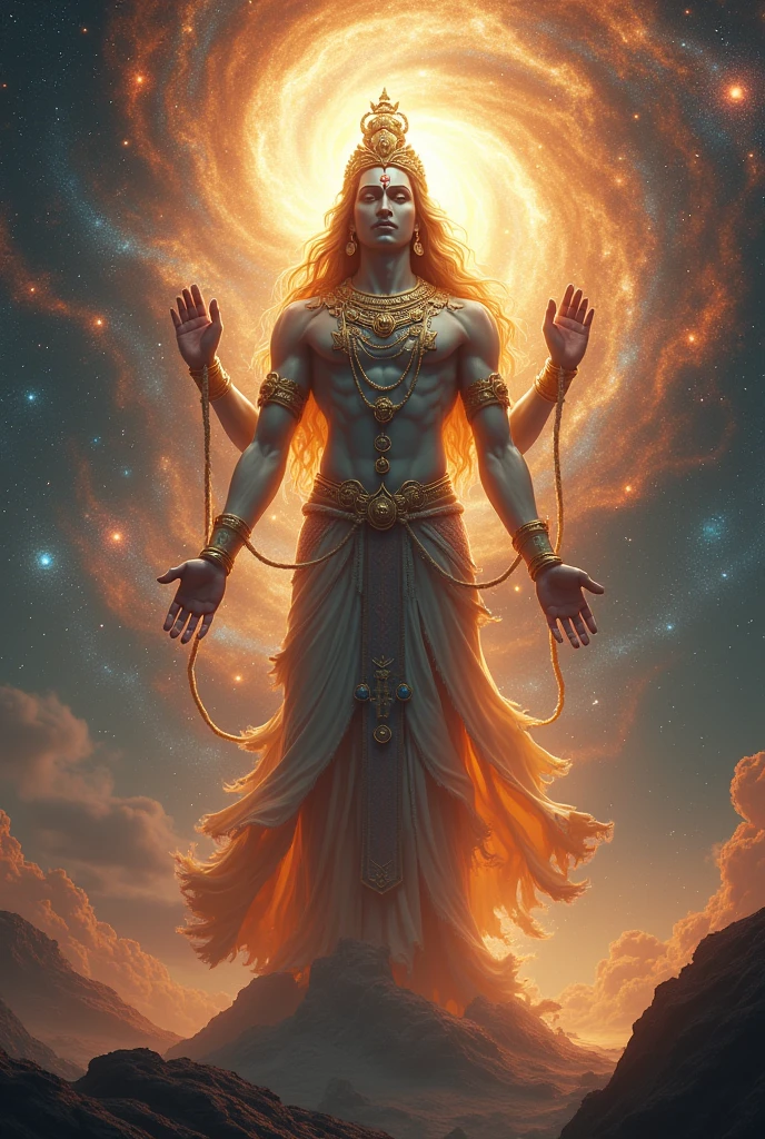 Vishnu in Cosmic Harmony: Vishnu standing amidst a vast cosmic background with swirling galaxies, holding his conch and chakra, with a soft golden glow emanating from his crown.