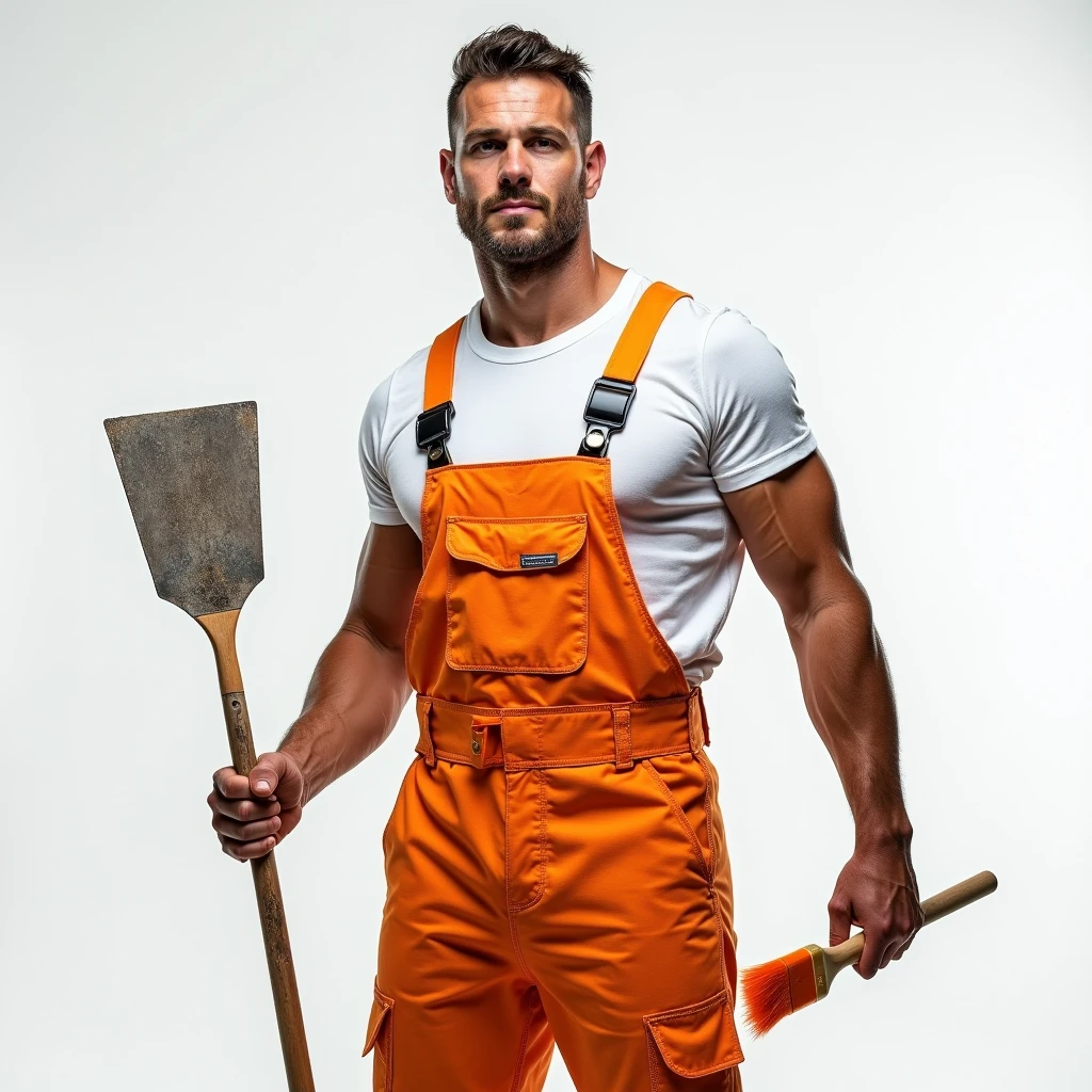 Strong Man of European appearance in a white T-shirt and orange construction overalls, holds a triangular construction spatula in one hand, in the other hand is an orange paintbrush, Studio Photography, studio lighting, realistic skin texture and detail, the man stands slightly sideways, background white uniform, The photo was taken from the waist up
