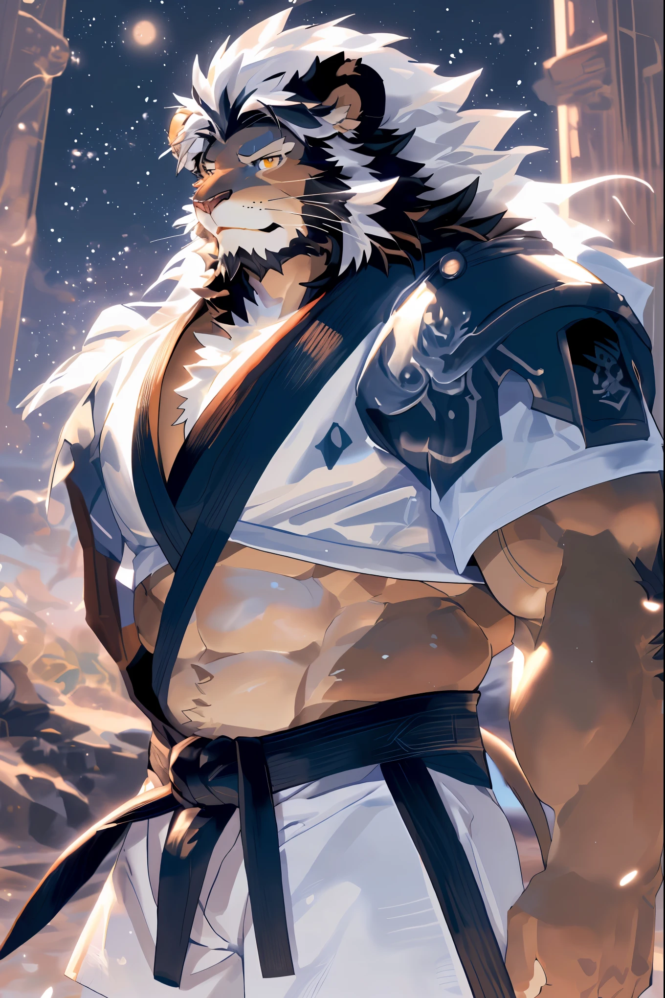 (lion:1.3),(Black Night Clothes:1.4),(Awesome posture),(The background is the eaves of the night:1.5),(Abdominal muscles),Heroic飒爽,完美的masterpiece,Various facial details,Close-up view,specific description,masterpiece,(cg),(Golden Eyes),White pattern,White Tail,Military commander,Heroic,lion,White fur，Detailed facial details,Half Body,(Long feather),((middle aged)),(Face Focus),(16K),(HD),White belly，temple，beard,(Face lines),(Heterochromia),(White hair:1.3),(Strong:1.2),(muscle:1.3),(high resolution:1.3),(Close up),(Detailed face:1.5)，Perfect details,(Half Body),(Detailed depiction of the face:1.5),(Zoom in on the face:1.5),(白色Face lines:1.2),(白色beard:1.6),(White face:1.6),(White body),(White skin:1.3),(White cheeks:1.5),(The skin color of the face is white:1.3),cg,(The smell of quacks:1.3),(Martial Arts:1.5),(Knight:1.5),(Detailed background:1.5),(White mane:1.3),Starry sky in the dark night,Front view
