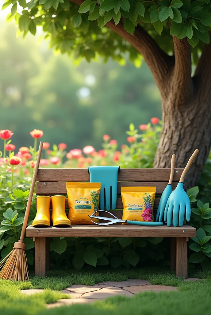 There are 3 packets of fertilizer and a pair of yellow garden rubber shoes and silver flower tree cutting scissors and a pair of blue rubber gloves on a wooden bench under a big tree, there is a broom and also a grass scraper leaning on the edge of the bench, 3D Style with the background of a flower garden