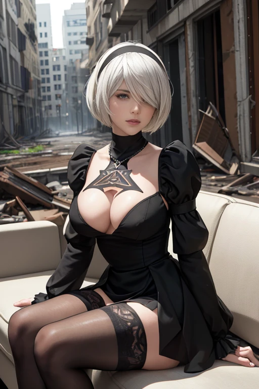 8k, ultra realistic, masterpiece, best quality, ultra detailed, beautiful face, beautiful skin, photorealistic, (professional lighting:1.2), nier_automata, 2B, white hair, short hair, black_dress, black_hairband, robot_joints, android, cyborg, clothing_cutout, light smile, pearl necklace, looking at viewer, (((full body))), focus on face, ultra sharp, on street in business district, ultra detailed photo background, (((Inside a ruined building in the near future, on sofa, an inviting gesture)))