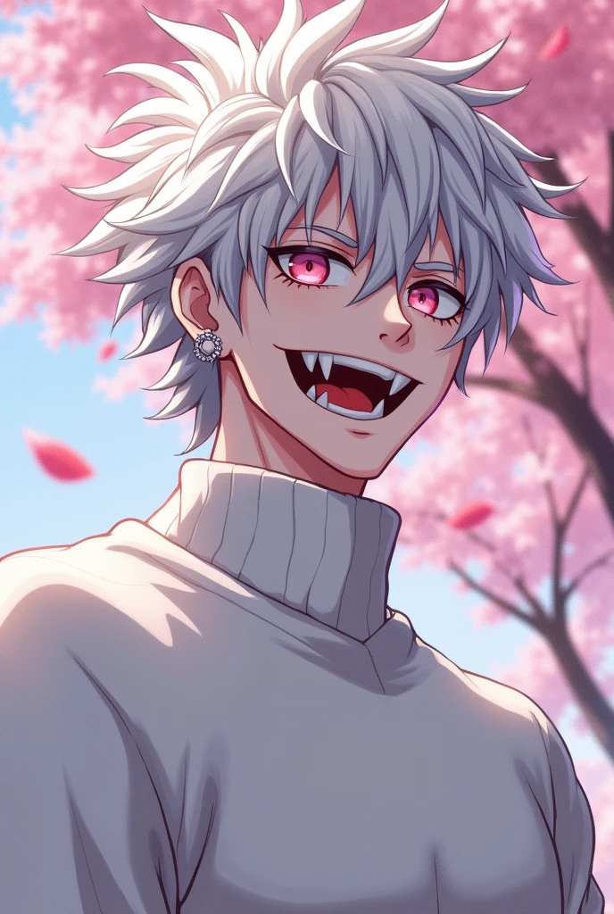 anime character, White hair, spiky hair, Pale skin, pink eyes, Long white eyelashes, male, muscular, white small earrings, big glossy lips, cherry blossom trees, grey eyebrows, white sweater, large vampire fangs