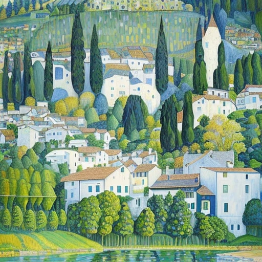 painting of a village with a river and trees in the foreground, gustav, Hillside city, gustav klimt 8k, In L'Anscape in the Mediterranean, art &quot;, village, gustav klimt painting, Robert Bevan, gustav klimt 4 k, gustav klimt 4k, By Klimt, Inspired by Henri Lucidainelle