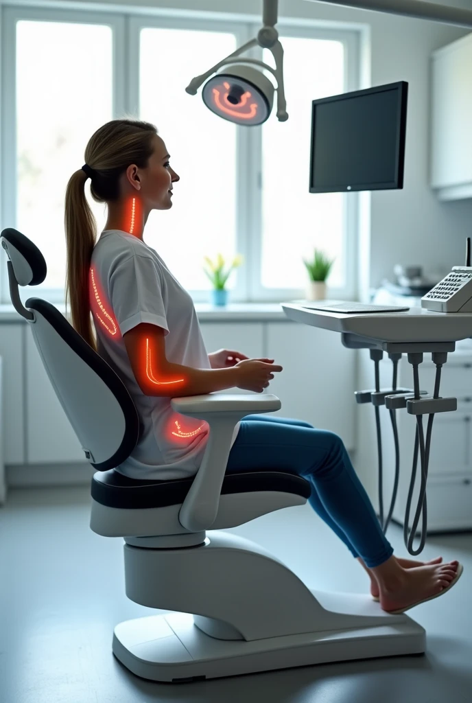 An image that is a chair where dentists sit to care for patients but that is ergonomic since dentists have lower back pain when caring for patients and I want you to design a prototype for me to avoid that problem., either by putting a front backrest and having them recline on their chest or something else but ergonomic