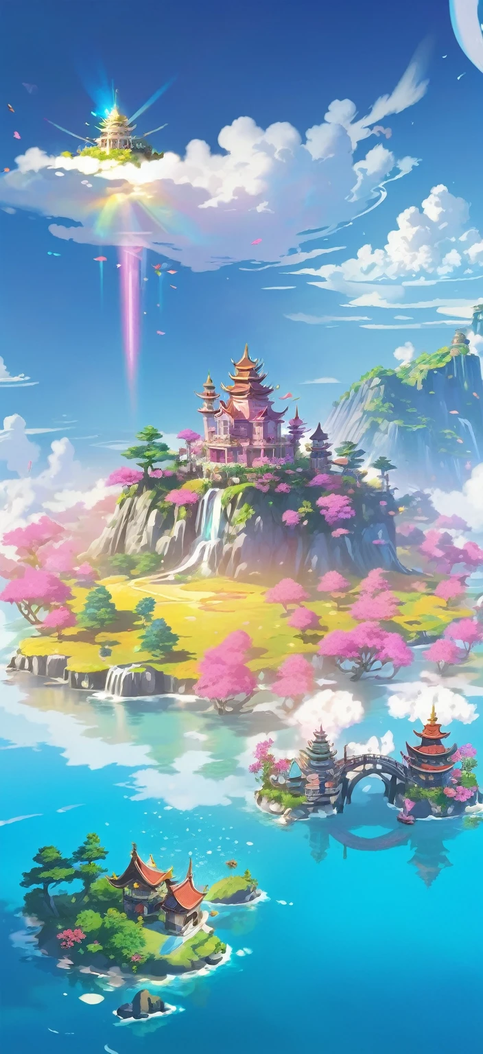 A cartoon style wallpaper,Features an island kingdom with floating islands,There are magical creatures and fantasy buildings。The sky is clear blue,Background with fluffy clouds,Create a peaceful atmosphere。There is another small archipelago ahead.,On one of the islands stands a majestic statue,Surrounded by colorful trees and flowers。At its feet lies a huge、Glowing pink trees