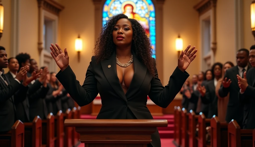 A body that looks like its clothes will burst with porn muscles,amazing beautiful super muscular body builder female porn model,A confident and poised Black porn female politician with a commanding presence and a fuller body type, full body tall and plus size curvey body 5'9 265 lbs This mage should exude power,delivering a powerful speech inside a traditional gospel church. She stands at a wooden podium, dressed in an elegant black suit with a gold chain necklace. The church is warmly lit with stained glass windows depicting religious scenes. A choir, also in traditional gospel attire, is positioned behind her, singing passionately. The church is filled with an attentive congregation, and the atmosphere is vibrant and inspiring, combining historical architecture with a spiritual ambiance.