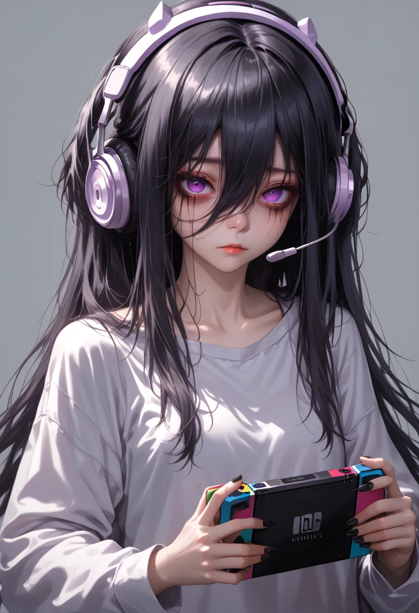 exia (nikke), 1girl, highres, black hair, headphones, bags under eyes, long hair, purple eyes, absurdres, hair between eyes, headset, off shoulder, looking at viewer, white shirt, sidelocks, holding handheld game console, simple background, black nails, long hair between eyes,score_9, score_8_up,score_7_up, masterpiece, best quality, perfect anatomy, very aesthetic, 8k