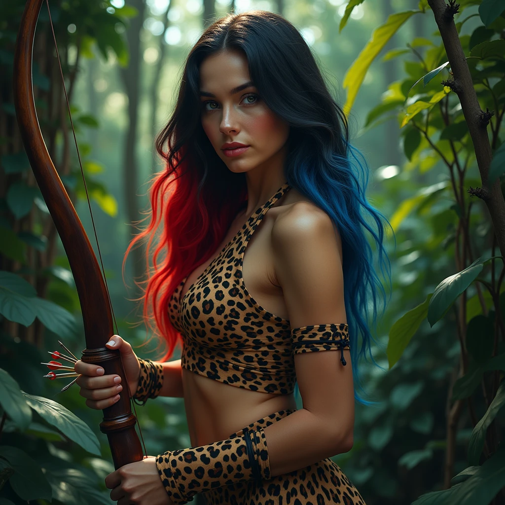 8k full view of a beautiful Italian American woman, blue eyes, long black and red ombre hair with blue highlights, wearing a leopard skin skirt and top with a bow and arrow in hand as she climbs th trees in the jungle