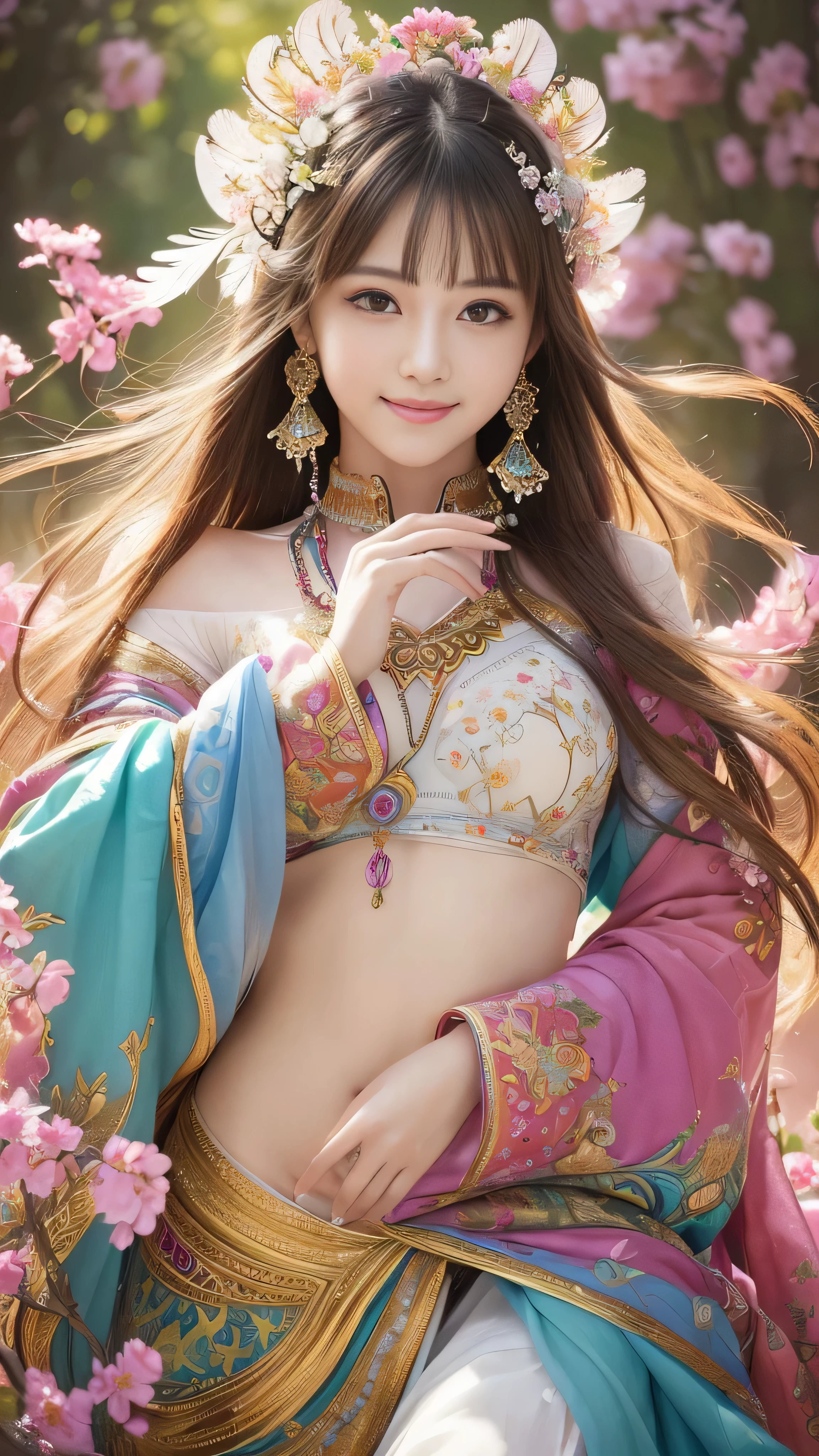 (masterpiece、highest quality、highest quality、official art、beautiful beautiful:1.2)、(1 girl)、very detailed、(fractal art:1.3)、Colorful、most detailed,(Pose with movement:1.4)、Details Beautiful and delicate face、Beautiful details and delicate eyes、extremely fine-grained clarity, (symmetrical eyes:1.3),((natural smile)),Floral,feather