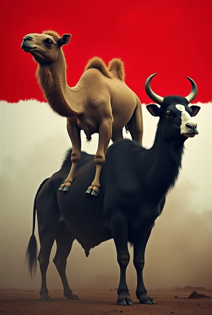 Camel rides on the back of a black bull with a white mouth .Indonesian flag.seen by Indonesian people