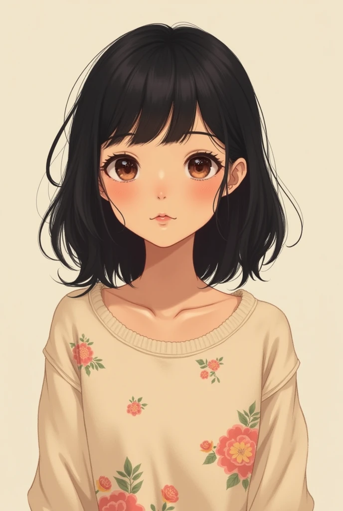 tan woman with shoulder length, black hair, hime cut and bangs and large brown eyes. she is wearing a floral long sleeve sweater. simple background and anime style.