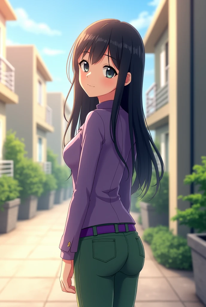 Create a 3D image of a young woman inspired by the anime style, with long, straight dark hair that falls over her shoulders. Her eyes are large and pale, reflecting a calm and gentle expression. She wears a fitted purple jacket that highlights her slim figure, and a pair of green pants with a purple belt. The scene is set in a bright, outdoor environment, possibly in a modern residential area, with soft lighting that gives a warm, sunny feel. The woman is looking over her shoulder, with a subtle, serene smile, capturing a moment of quiet reflection.
