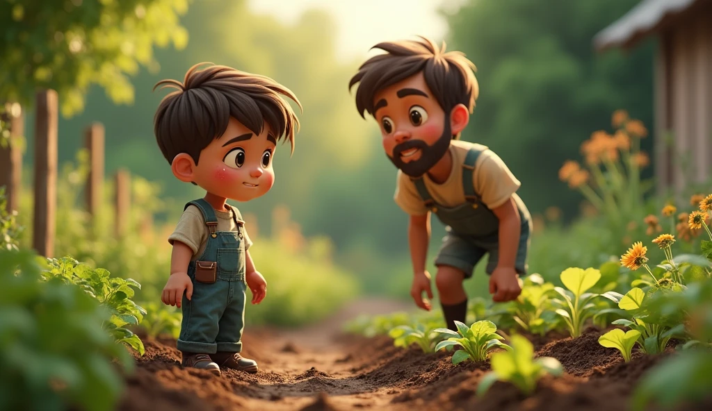 working field garden then garden is not grow well and boy is upset and crying then come their big brother and he helps little brother and explain how to grow garden well beautiful