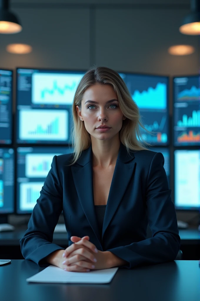 Creata a image whre a girl is sitting infront of computers and 10 screens and he is a entrepreneur bussiness women and graphs and statistics are shouting