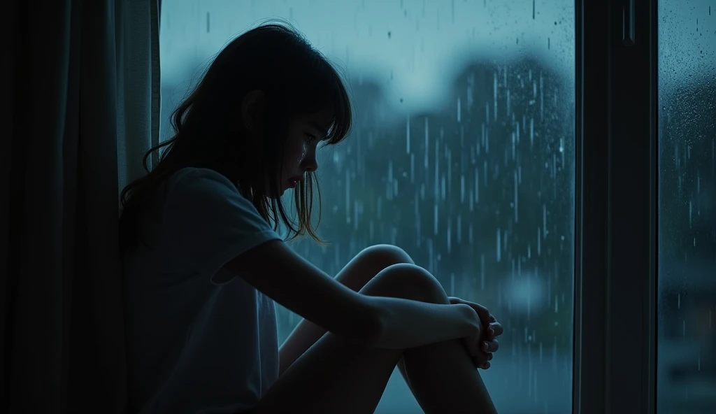 A girl is sitting near a glass window and crying. The girl is in a lot of trouble, so she is crying a lot. The girl is sitting so that her whole body is visible. The girl is more than 1. The image will be enemy related. It's raining outside so it can be seen and there are raindrops on the window glass. The sky is night outside. The picture is cinematic.
