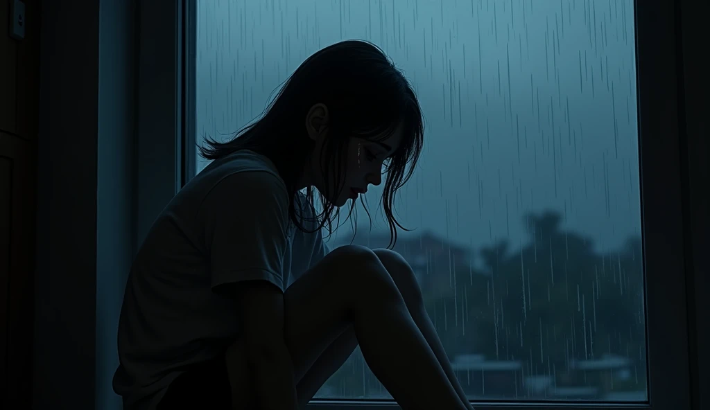 A girl is sitting near a glass window and crying. The girl is in a lot of trouble, so she is crying a lot. The girl is sitting so that her whole body is visible. The girl is more than 1. The image will be enemy related. It's raining outside so it can be seen and there are raindrops on the window glass. The sky is night outside. The picture is cinematic.