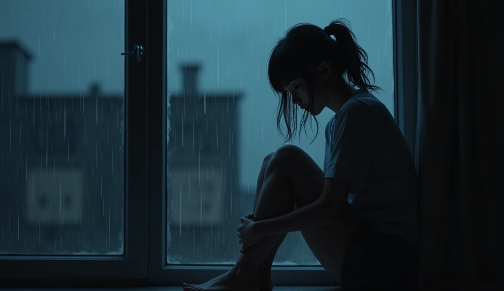 A girl is sitting near a glass window and crying. The girl is in a lot of trouble, so she is crying a lot. The girl is sitting so that her whole body is visible. The girl is more than 1. The image will be enemy related. It's raining outside so it can be seen and there are raindrops on the window glass. The sky is night outside. The picture is cinematic.