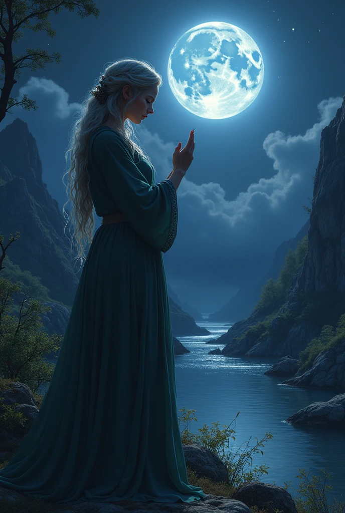 a portrait of a female druid praying at night to the moon goddess, an exquisite beautiful woman, an exotic beautiful druid, priestess of nature, ultra feminine, full body, busty woman, most beautiful face ultra detailed face, ((anatomically correct: 1.5)) ultra detailed face, dynamic hair color, dynamic hair style, dynamic skin complexion, (best detailed face: 1.5), wearing a long robe, praying at night to the moon goddess, it is night time, the moon is full. enchanted moon, divine moon, some stars, the night sky are in shades of black, dark blue and purple, some clouds, divine rays, moon rays, (fantasy temple of nature: 1.3) background, a river running near the temple, the moon reflected in the water, vibrant, Ultra-high resolution, High Contrast, (masterpiece:1.5), highest quality, Best aesthetics), best details, best quality, highres, ultra wide angle, 16k, [ultra detailed], masterpiece, best quality, (extremely detailed), 