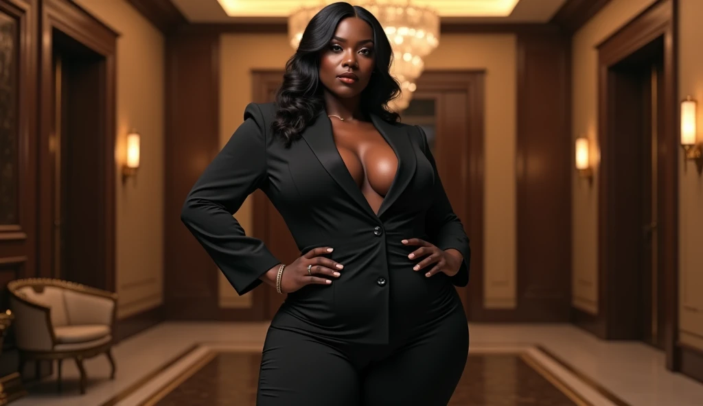 A body that looks like its clothes will burst with muscles,Create a high-resolution realist 3d image of a dark skin toned melanin elegant woman with a findom dominant and commanding persona and Prescence wearing luxurious attire, such as a tailored suits or designer dress, and posed in a confident stance. full body tall and plus size curvey body 5'9 265 lbs This mage should exude power, control, and sophistication, with a hint of mystery. the back ground is lavish hight rise office or a luxurious richly decotated tool reflecting wealth and power 