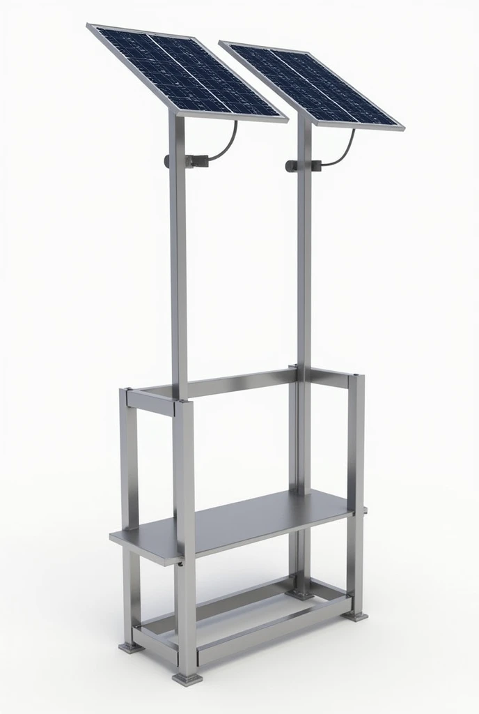 Metal frame product with two solar panels, At the base there is an area to store electrical components, that has a simple design, modular and allows people to sit.