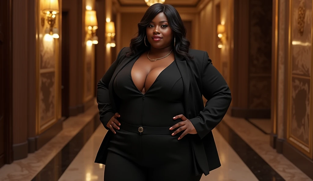 A body that looks like it's going to burst with muscles,A body that looks like its clothes will burst with muscles,Create a high-resolution realist 3d image of a dark skin toned melanin elegant woman with a findom dominant and commanding persona and Prescence wearing luxurious attire, such as a tailored suits or designer dress, and posed in a confident stance. full body tall and plus size curvey body 5'9 265 lbs This mage should exude power, control, and sophistication, with a hint of mystery. the back ground is lavish hight rise office or a luxurious richly decotated tool reflecting wealth and power 