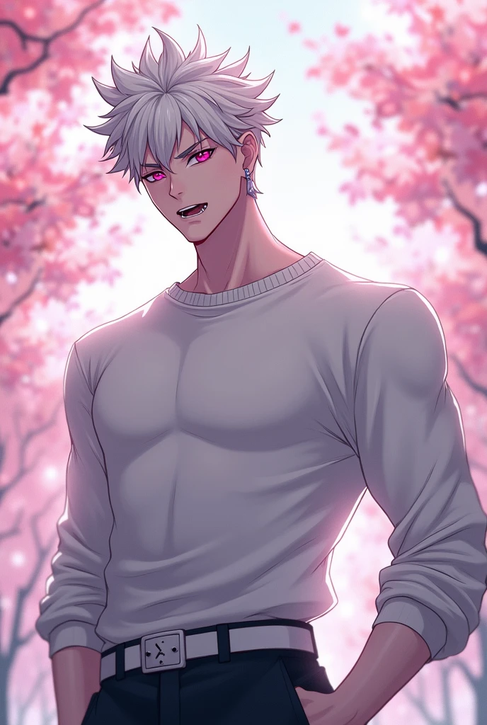 anime character, White hair, spiky hair, Pale skin, pink eyes, Long white eyelashes, male, muscular, white small earrings, big glossy lips, cherry blossom trees, grey eyebrows, white sweater, vampire fangs
