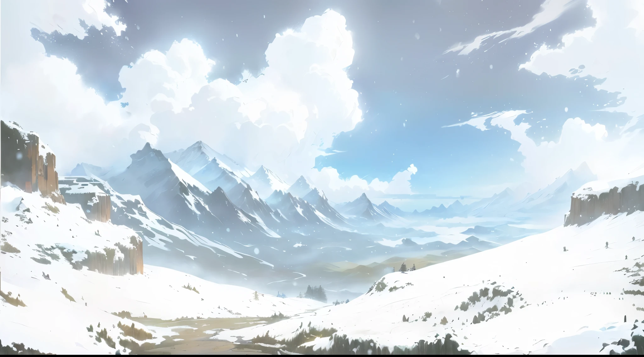 There is a painting，The painting shows a snowman standing on a snowy mountain。, Anime Landscape, Detailed scenery —width 672, Anime Landscape wallpaper, Anime Landscape concept art, Anime Landscape, Huge landscape!, beautiful Anime Landscape, Anime rural scenery, Anime Background Art, distant valley, In the anime painter studio, Produced in collaboration with Anime Painter Studio, Vast landscape, Landscape Artwork, Animation Cloud，Snow Scene，A winter scene