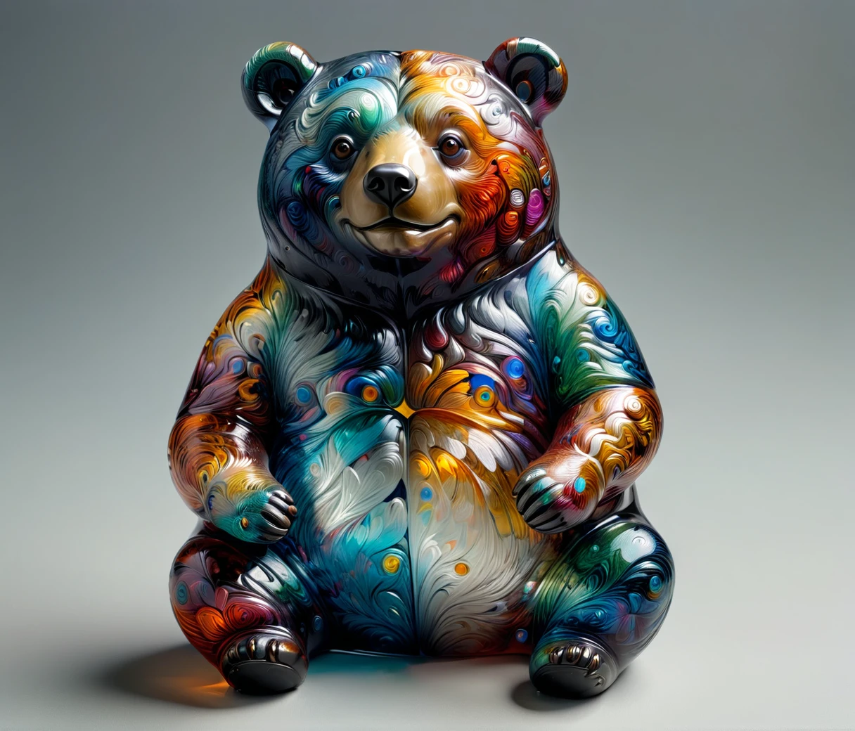 (chubby, male, bear), transparent glass sculpture, vibrant colors, mad-vangoghian, hires textures, highly detailed, intricate details, best quality, photorealism, masterpiece, (((grey background))), detailxl