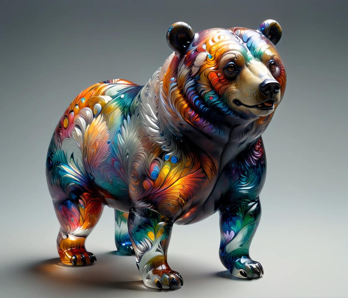 (chubby, male, bear), transparent glass sculpture, vibrant colors, mad-vangoghian, hires textures, highly detailed, intricate details, best quality, photorealism, masterpiece, (((grey background))), detailxl