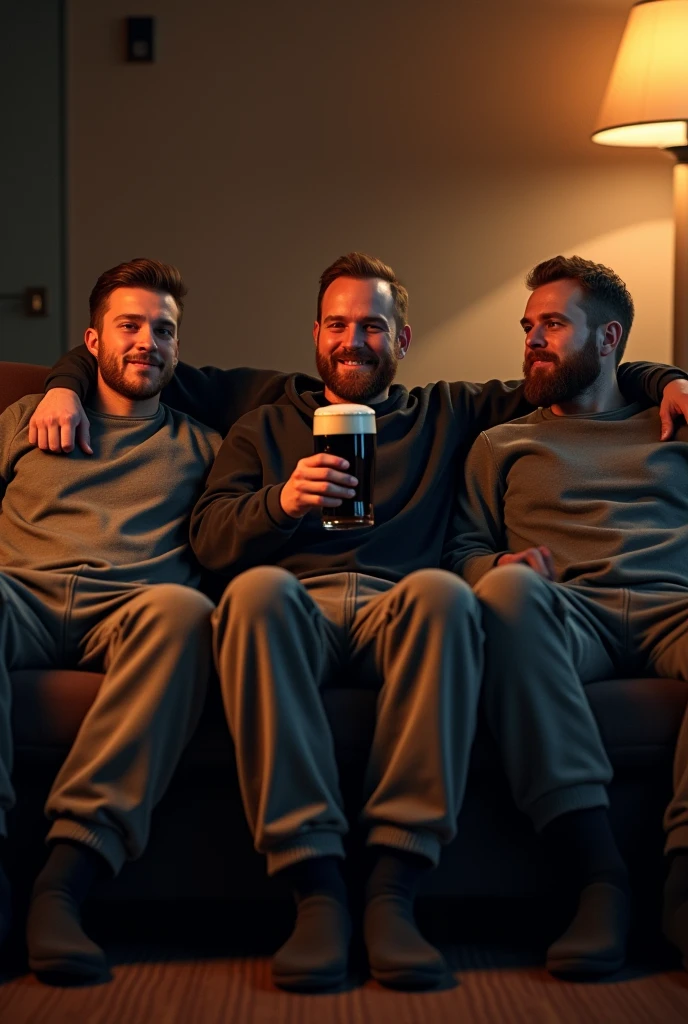 average 3 Finnish man, sitting on a dark brown couch, slightly open thighs, arms in a relaxed position on the backrest with a Rauchbier in one hand, wearing sweatpants and a sweatshirt with black socks