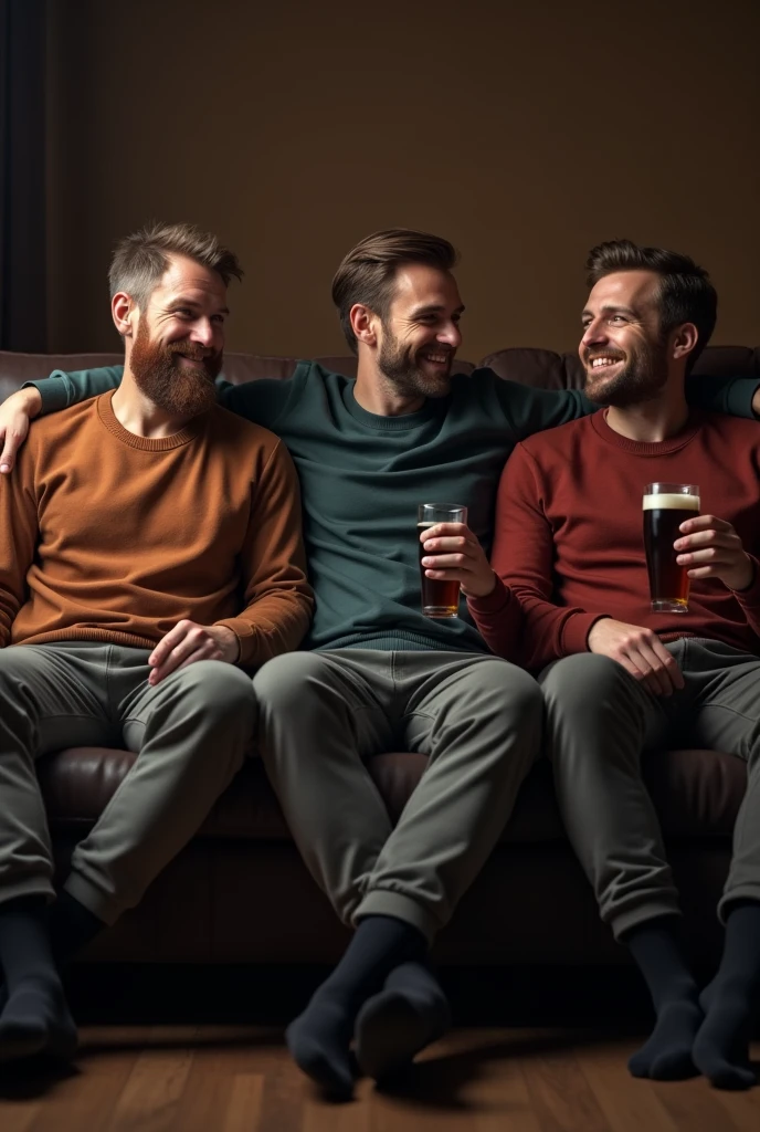 average 3 Finnish man, sitting on a dark brown couch, slightly open thighs, arms in a relaxed position on the backrest with a Rauchbier in one hand, wearing sweatpants and a sweatshirt with black socks