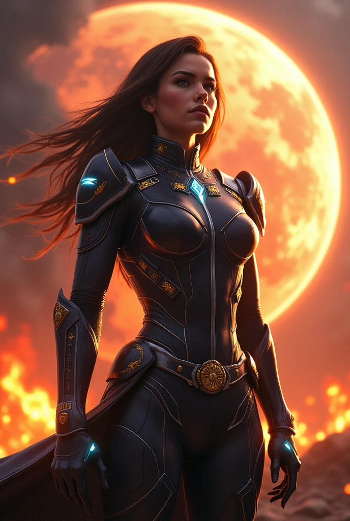 Star Commander Ashtar Sheran, with planet earth on fire in the background.